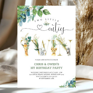 Invitation Deux petites mignonnes JUMELLES Animaux Floraux An