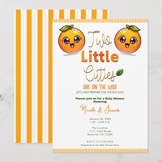 Invitation Deux petites mignonnes jumelles orange Baby Shower (Devant / Derrière)