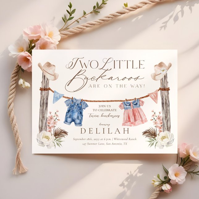 Invitation Deux petits Buckaroos sont sur le chemin Baby show (Two Little Buckaroos Are on The Way Baby Shower Invitation)