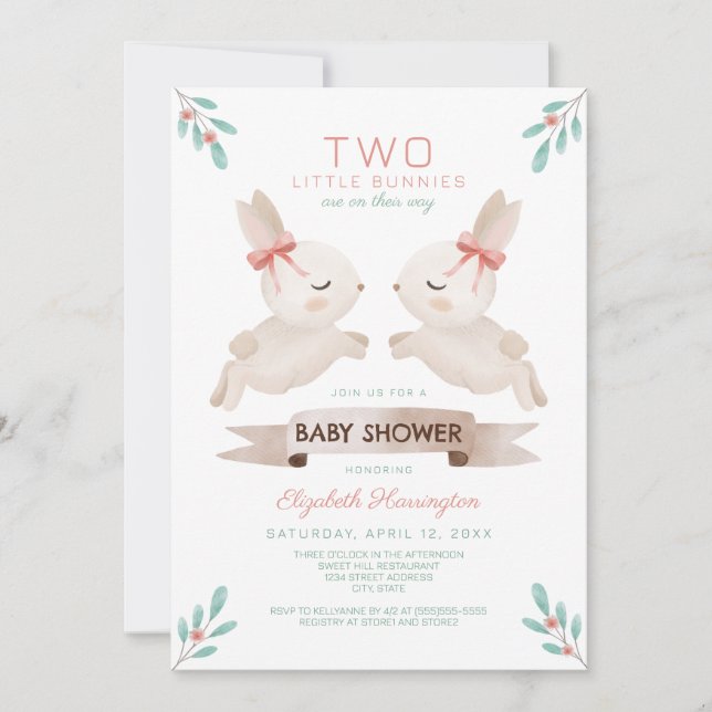 Invitation Deux Petits Lapins Bunny Twin Girls Baby shower (Devant)