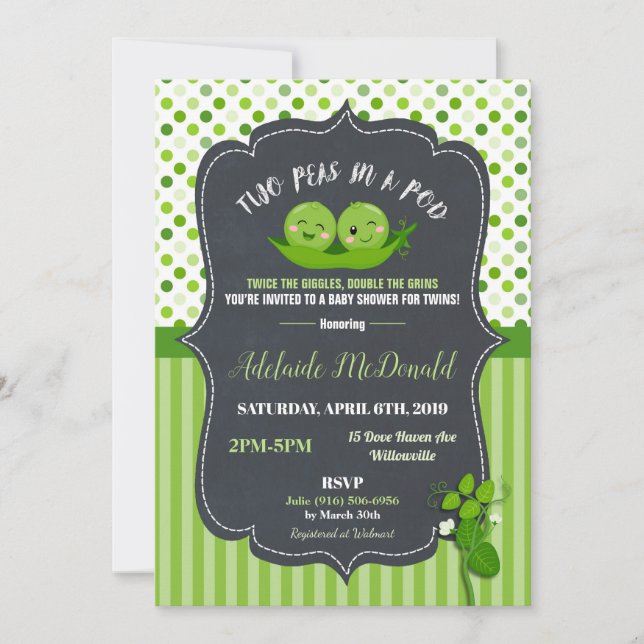 Invitation Deux petits pois dans un Baby shower de pois jumea (Devant)