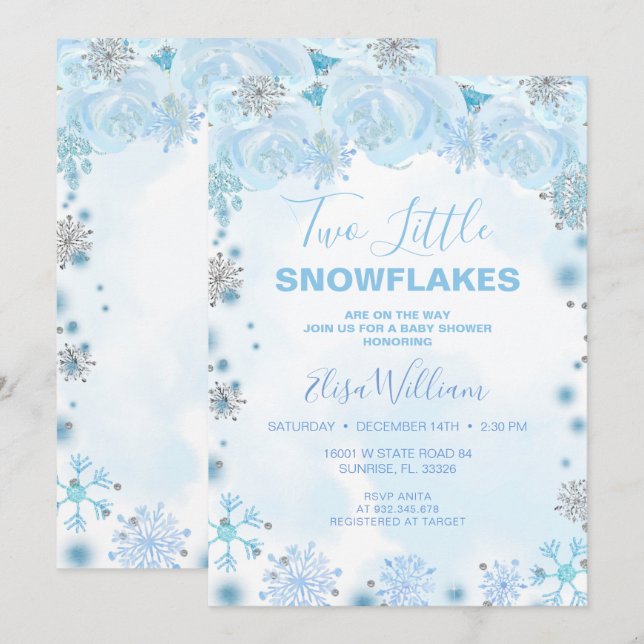 Invitation Deux petits Snowflakes sont en Baby shower (Devant / Derrière)
