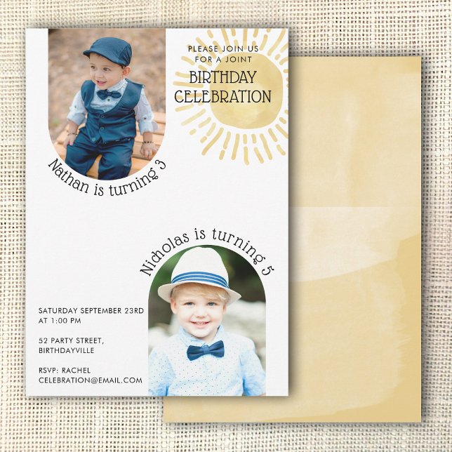 Invitation Deux Photo Anniversaire Commun Aquarelle Boho (Two Photo Joint Birthday Watercolor Boho Invitation)