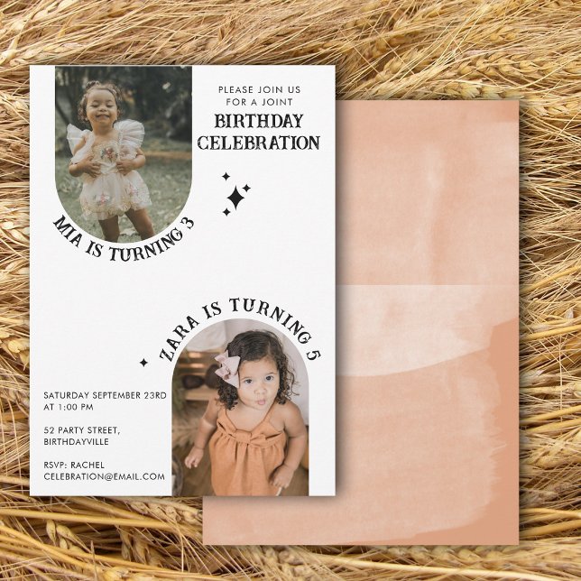 Invitation Deux Photo Anniversaire Commun Aquarelle Boho Brun (Two Photo Joint Birthday Watercolor Boho Brown Invitation)