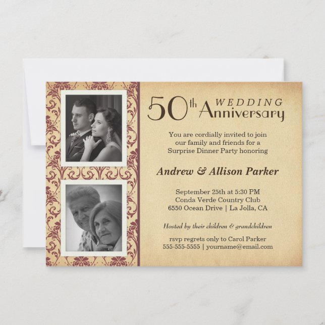 Invitation Deux Photos Anniversaire 50 ans Vintage (Devant)