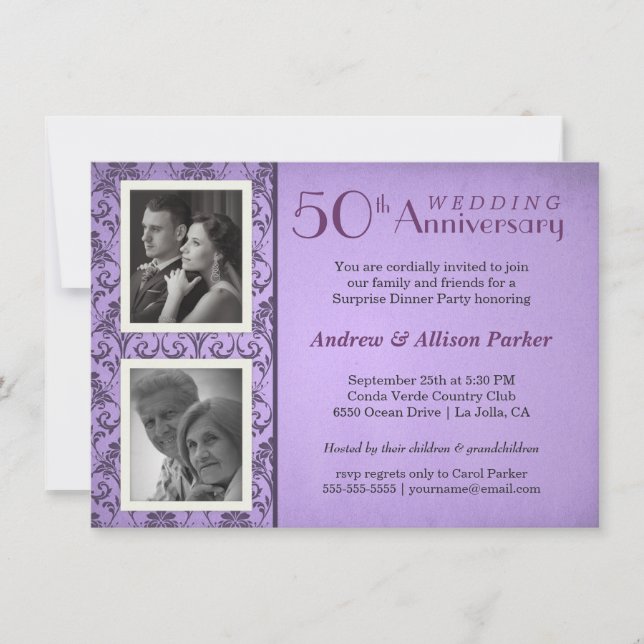 Invitation Deux Photos Anniversaire Damassé Vintag (Devant)