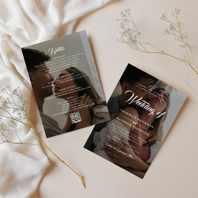 Invitation Deux photos en noir et blanc avec Mariage QR CODE (Créateur téléchargé)