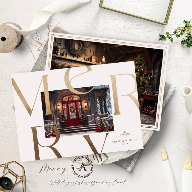 Invitation Deux Photos Personnalisées Gold Merry Élégante Typ (Créateur téléchargé)