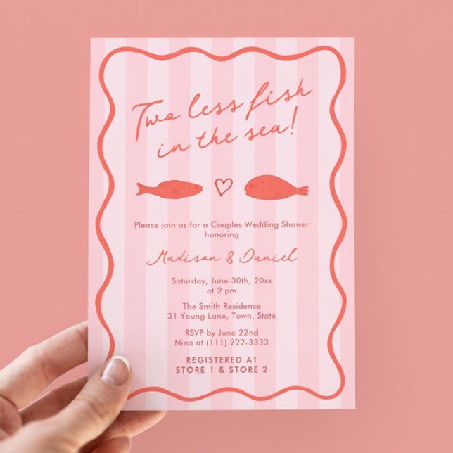 Invitation Deux Poissons De Moins Dans La Douche Couples De M (Colorful hand drawn Two Less Fish In The Sea theme bridal or couples wedding shower invitation)