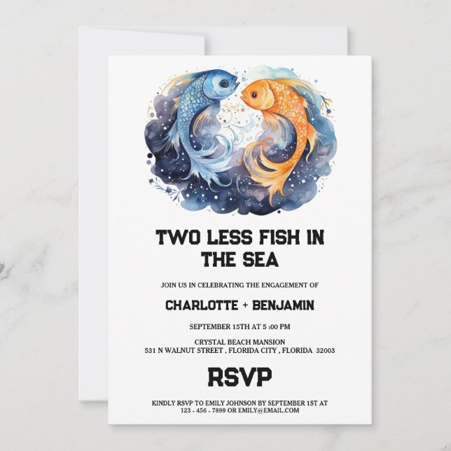 Invitation Deux Poissons de Moins Dans La Mer Fête de Fiançai (Devant)