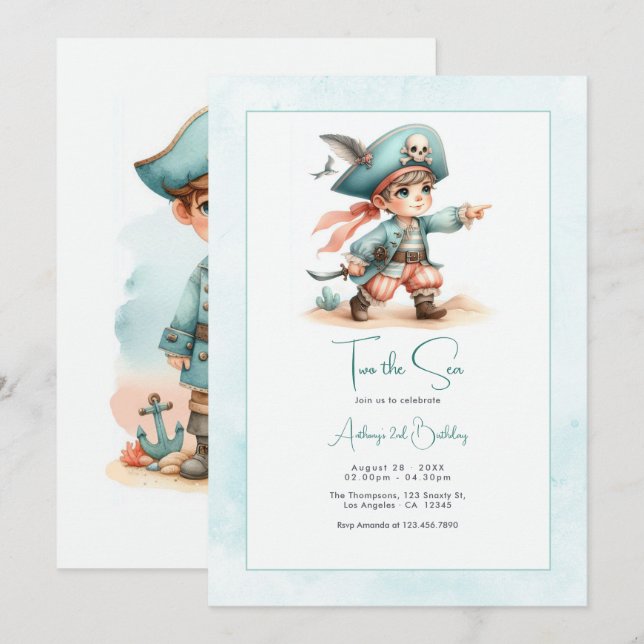 Invitation “Deux pour la mer” Anniversaire pirate de deux ans (Devant / Derrière)
