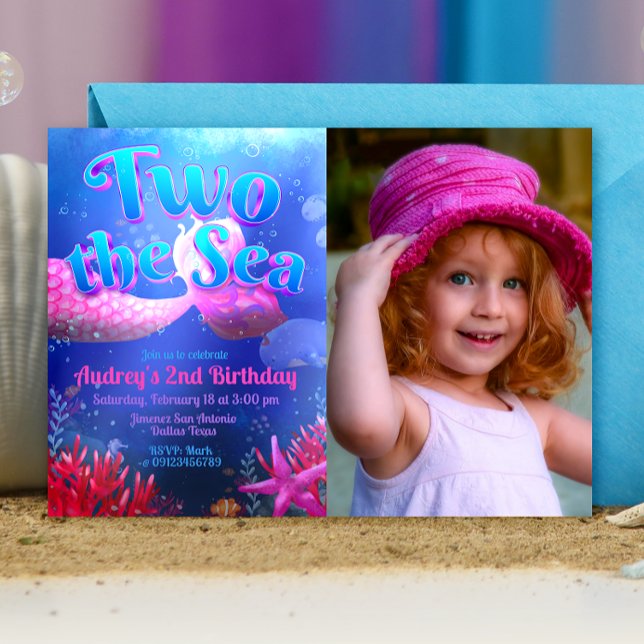 Invitation Deux pour la mer avec paysage photo (Two the Sea - Girl Mermaid 2nd Birthday Landscape Invitation with Picture)