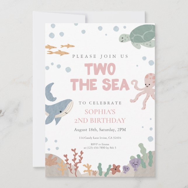 Invitation Deux pour la mer Mignon Fille aquarelle rose 2e an (Devant)