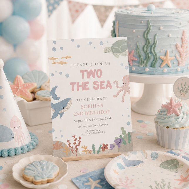 Invitation Deux pour la mer Mignon Fille aquarelle rose 2e an (Créateur téléchargé)