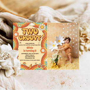 Invitation Deux Retro Super Rainbow 2e fête d'anniversaire Ph