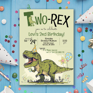 Invitation Deux Rex Cute Dinosaur Caricature 2e fête d'annive