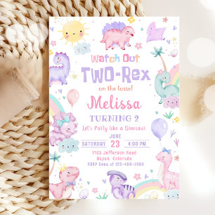 Invitation Deux Rex Pink Dinosaur 2e fête d'anniversaire
