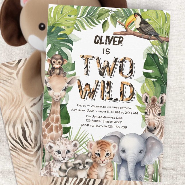 Invitation Deux safari sauvage Animaux thème garçon 2e annive (Two Wild Boy 2nd Birthday Invitation, Safari Themed Jungle animals birthday invite.)