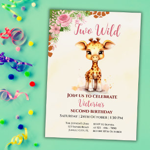 Invitation Deux Sauvages Safari Mignonne Girafe Fille 2ème An