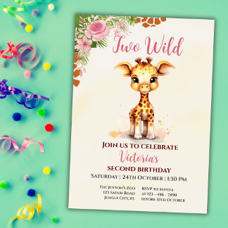 Invitation Deux Sauvages Safari Mignonne Girafe Fille 2ème An