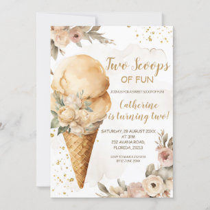Invitation Deux Scoops De Fun Beige Floral 2ème Anniversaire