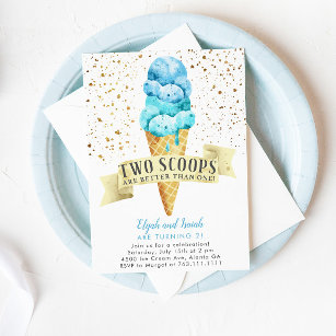Invitation Deux Scoops Twin Boys Ice Cream fête d'anniversair