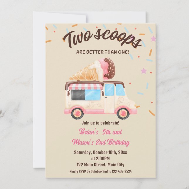 Invitation Deux Scoops valent mieux qu'une fête d'anniversair (Devant)