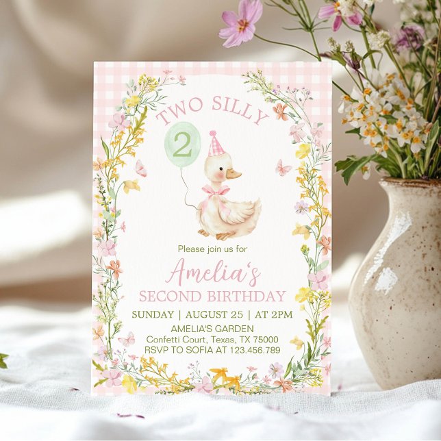 Invitation Deux Silly Goose Floral Rose Gingham Fille Anniver (Créateur téléchargé)