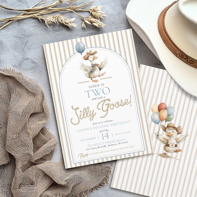 Invitation DEUX sots Goose Cowboy Western Boy 2e anniversaire (TWO Silly Goose modern western wild west neutral ticking pinstripe 2nd birthday party invitation )