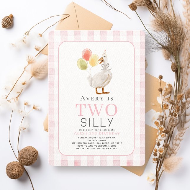 Invitation Deux sots oie rose En vichy fille 2e anniversaire (Créateur téléchargé)