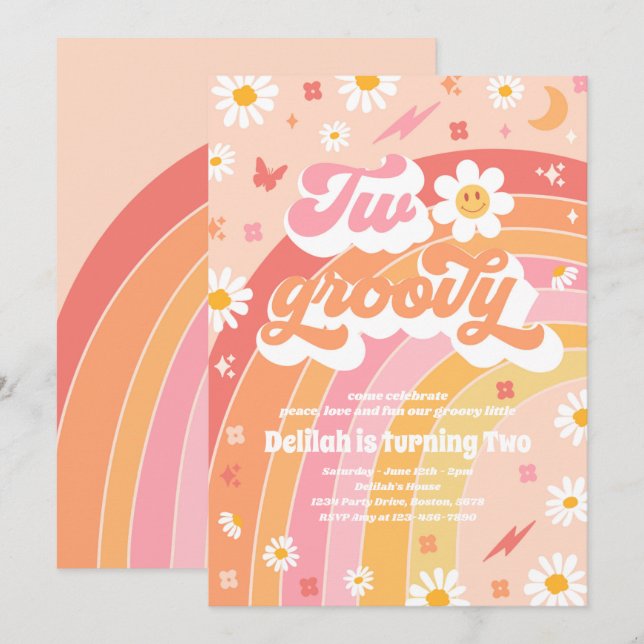 Invitation Deux Super 2e anniversaire Peace Love Party Rainbo (Devant / Derrière)