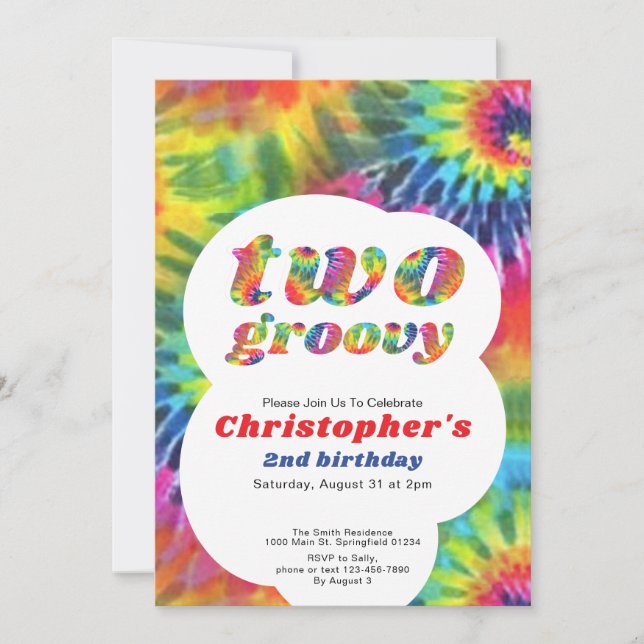Invitation Deux Super Anniversaire Retro Rainbow Tie Dye Hipp (Devant)