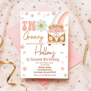 Invitation Deux Super Arc-en-ciel fleuri rétro 2e anniversair