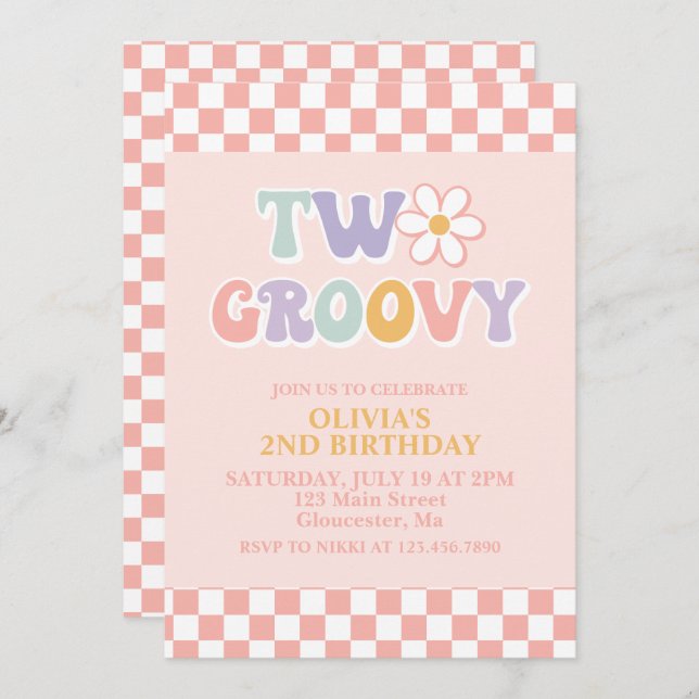 Invitation Deux Super Retro Daisy et Checker 2e anniversaire (Devant / Derrière)