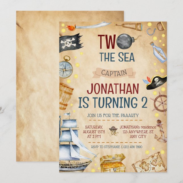 Invitation Deux The Sea Pirate Ship 2e fête d'anniversaire (Devant / Derrière)