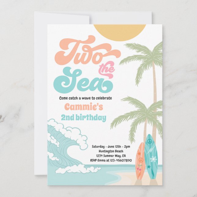Invitation Deux The Sea Retro Surfboard Beach 2e anniversaire (Devant)