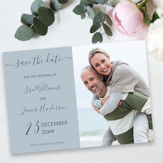 Invitation Deux tons Dusty Blue Photo personnalisée Enregistr (Light Blue Wedding Save the Date with Photo)