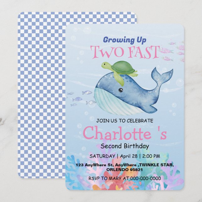 Invitation Deux tourterelles rapides Baleine racing 2e fête d (Devant / Derrière)