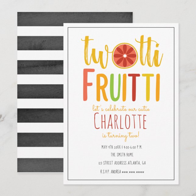 Invitation Deux tti Fruitti Aquarelle Bande Citrus Anniversai (Devant / Derrière)
