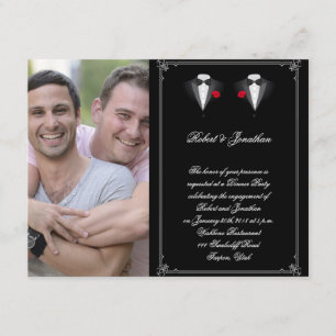 Invitation Deux Tuxedos avec un Fiançailles gris Rose rouge