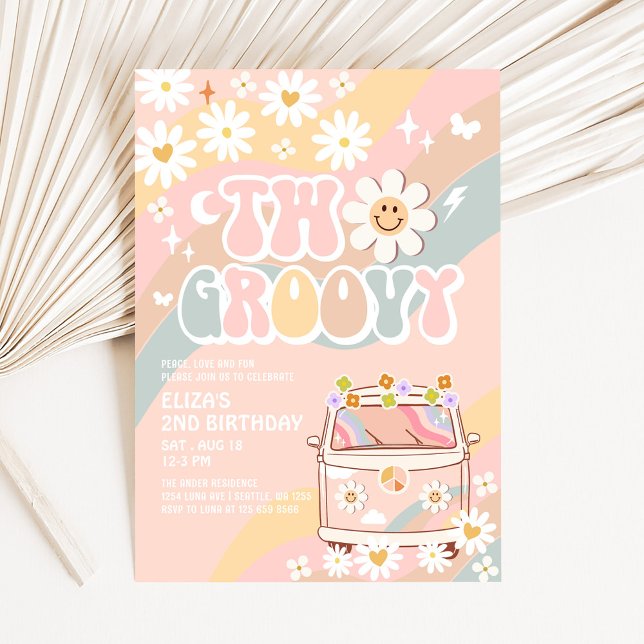 Invitation DEUX Van Groovy 2e Anniversaire Pastel Groovy (Créateur téléchargé)