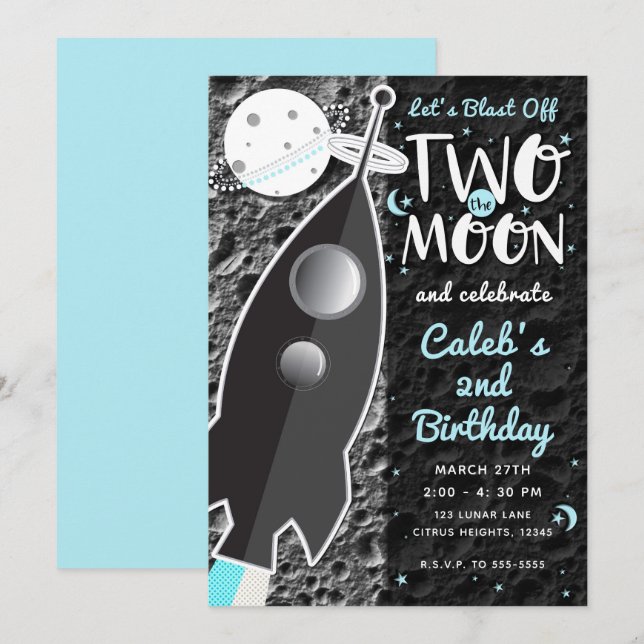 Invitation DEUX VERS LA LUNE Fête d'anniversaire de la fusée  (Devant / Derrière)