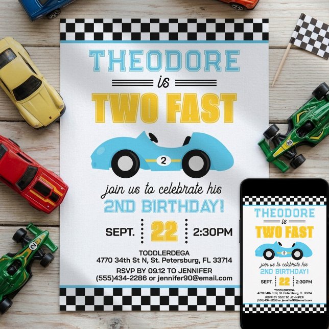 Invitation Deux Voiture de Course Rapide 2ème Anniversaire (Créateur téléchargé)
