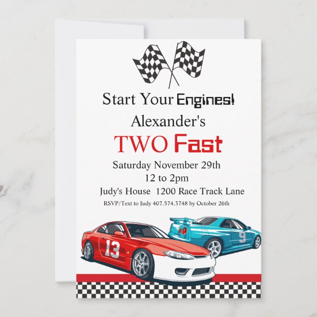 Invitation Deux voitures Fast Red Race Anniversaire (Devant)