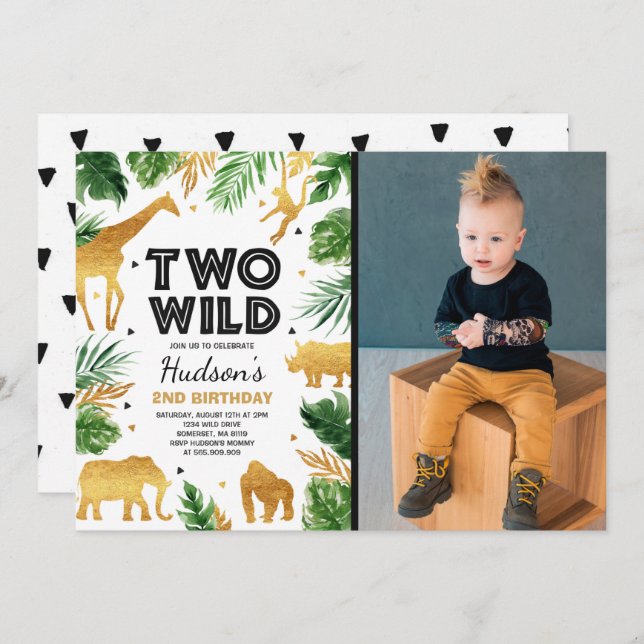 Invitation Deux Wild 2e anniversaire fête Safari Animaux Part (Devant / Derrière)
