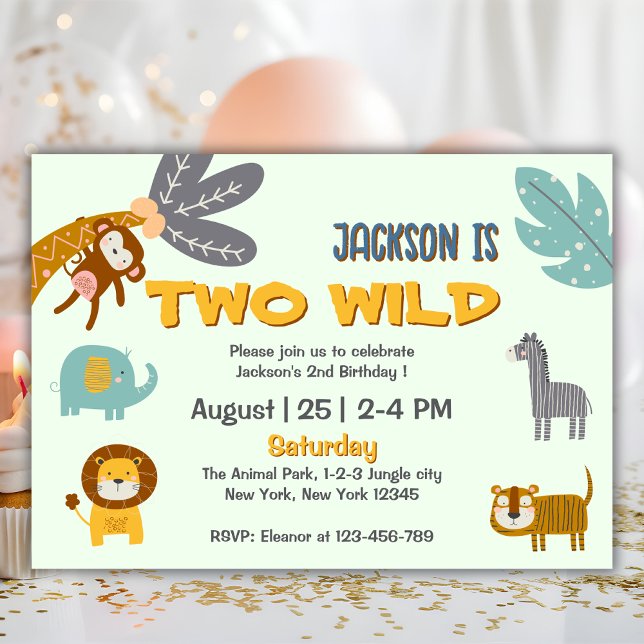 Invitation Deux Wild 2e anniversaire Safari Animaux mignons (two wild safari animals birthday party invitation)