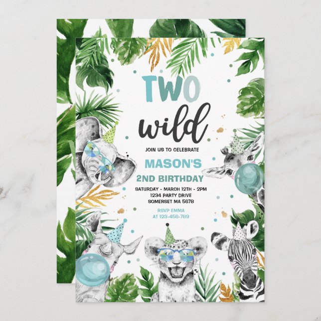 Invitation Deux Wild Birthday Gold Safari Jungle Animation (Devant / Derrière)