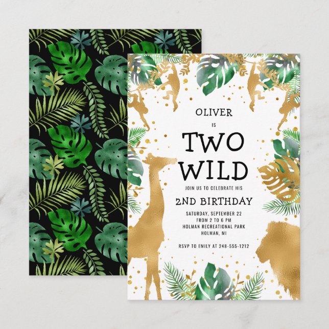 Invitation Deux Wild Jungle Safari 2e anniversaire Gold Green (Devant / Derrière)
