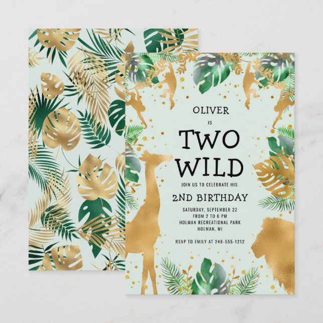 Invitation Deux Wild Jungle Safari Green Gold 2e anniversaire (Devant / Derrière)