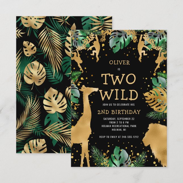 Invitation Deux Wild Safari 2e Anniversaire Noir Vert Or (Devant / Derrière)